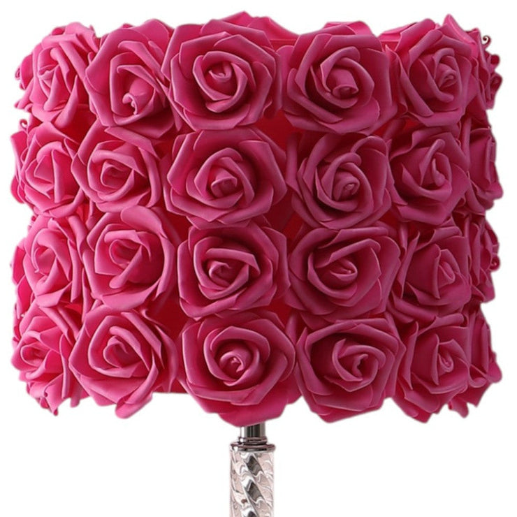 18" Silver Bedside Led Table Lamp With Red Flowers Drum Shade