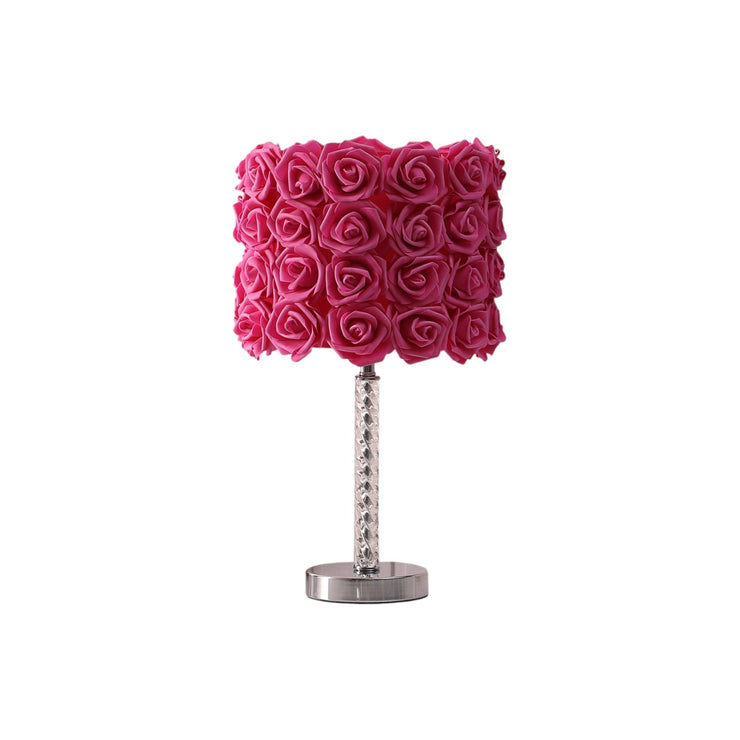 18" Silver Bedside Led Table Lamp With Red Flowers Drum Shade